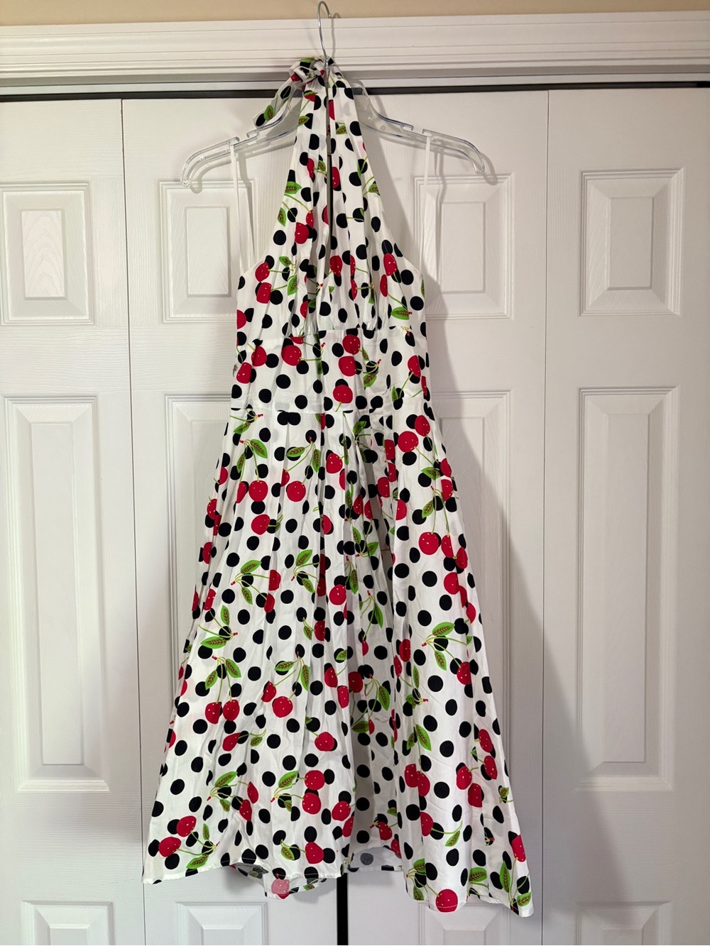 Tatyana White Dress with Red Cherries and Green Leaves